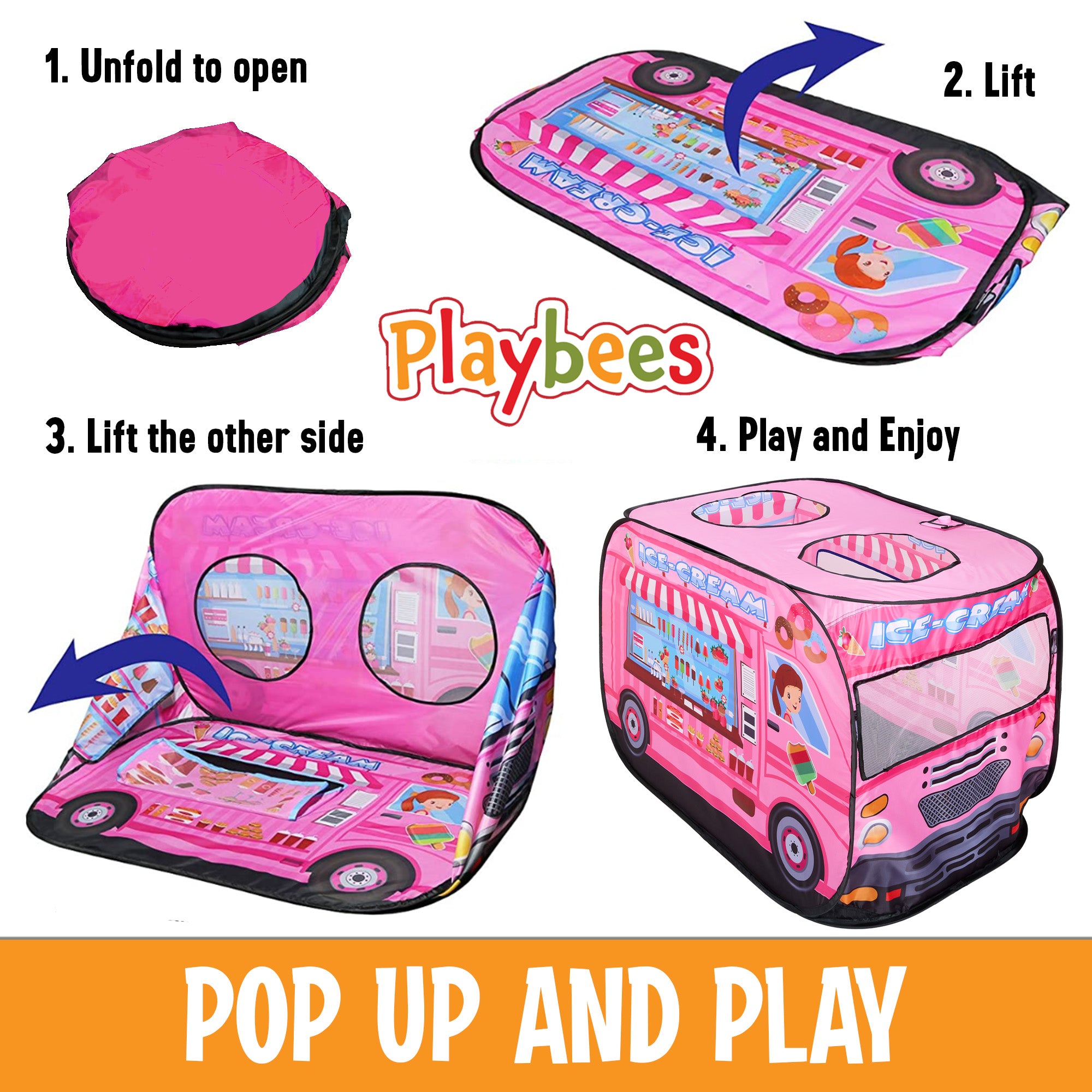 Musical Ice Cream Truck Pop Up Kids Play Tent with 3 Openings - Pretend Playhouse Tent for Toddlers - Sound Button Boys, Girls Indoor Outdoor