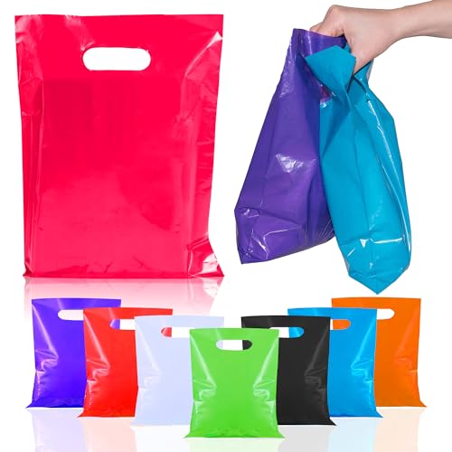 Small Glossy Colored Plastic Bags with Die-cut Handles Assorted Colors - Pack of 50-8.75 x 12 Inch Grocery Sack