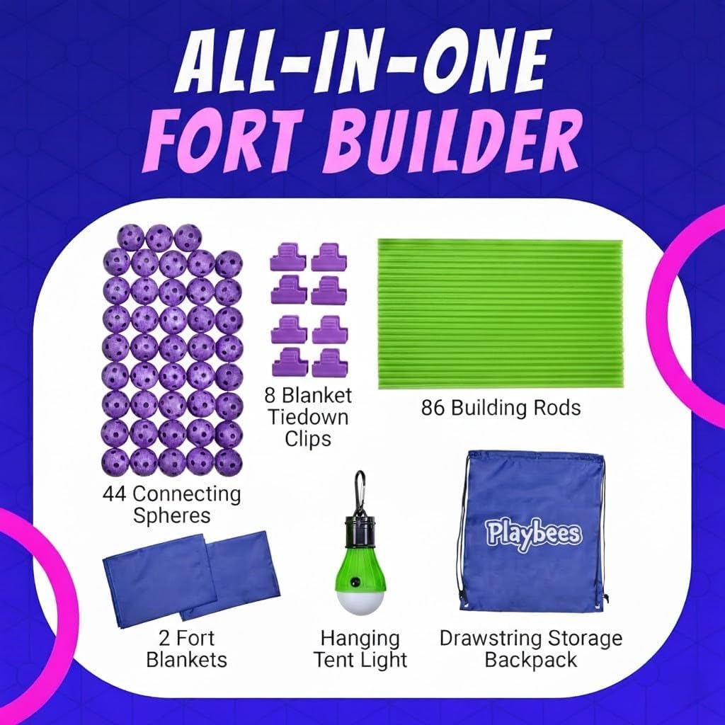 Playbees Fort Building Kit – 140 PCS STEM Toy for Kids Ages 4-12 – Build Tents, Castles & Rockets – Includes Rods, Connectors, 2 Blankets & Flashlight – Creative Building Set & Great Gift