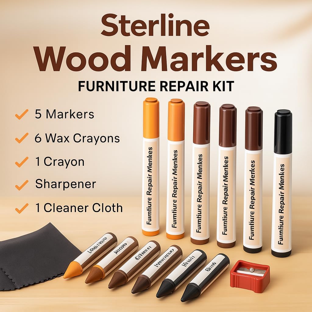 Wood Scratch Repair Kit Markers - 13 Piece Set – Furniture Touch Up Markers and Wax Sticks with Sharpener – for Wood Floor, Table, Cabinet, and Furniture Repair – 6 Colors