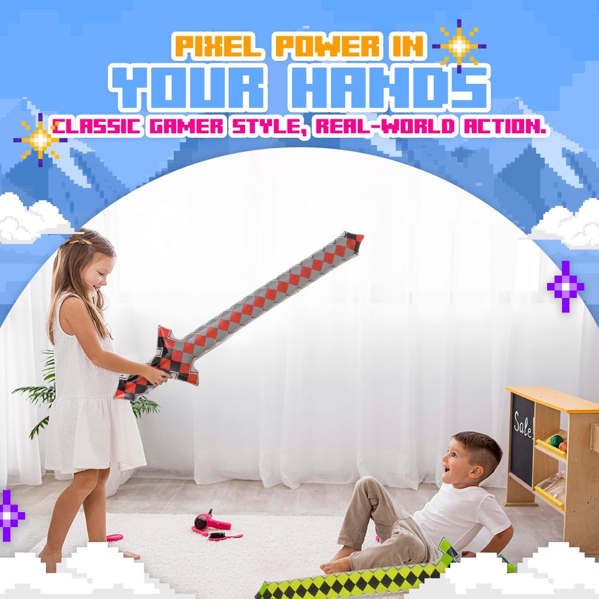 40" Inflatable Pixel Swords – 6 Pack Blow Up Sword Toys for Kids Pirate Party Favors, Christmas, Cosplay, Carnival, Birthday, Pool, Beach, Summer Events & Video Game Party Supplies