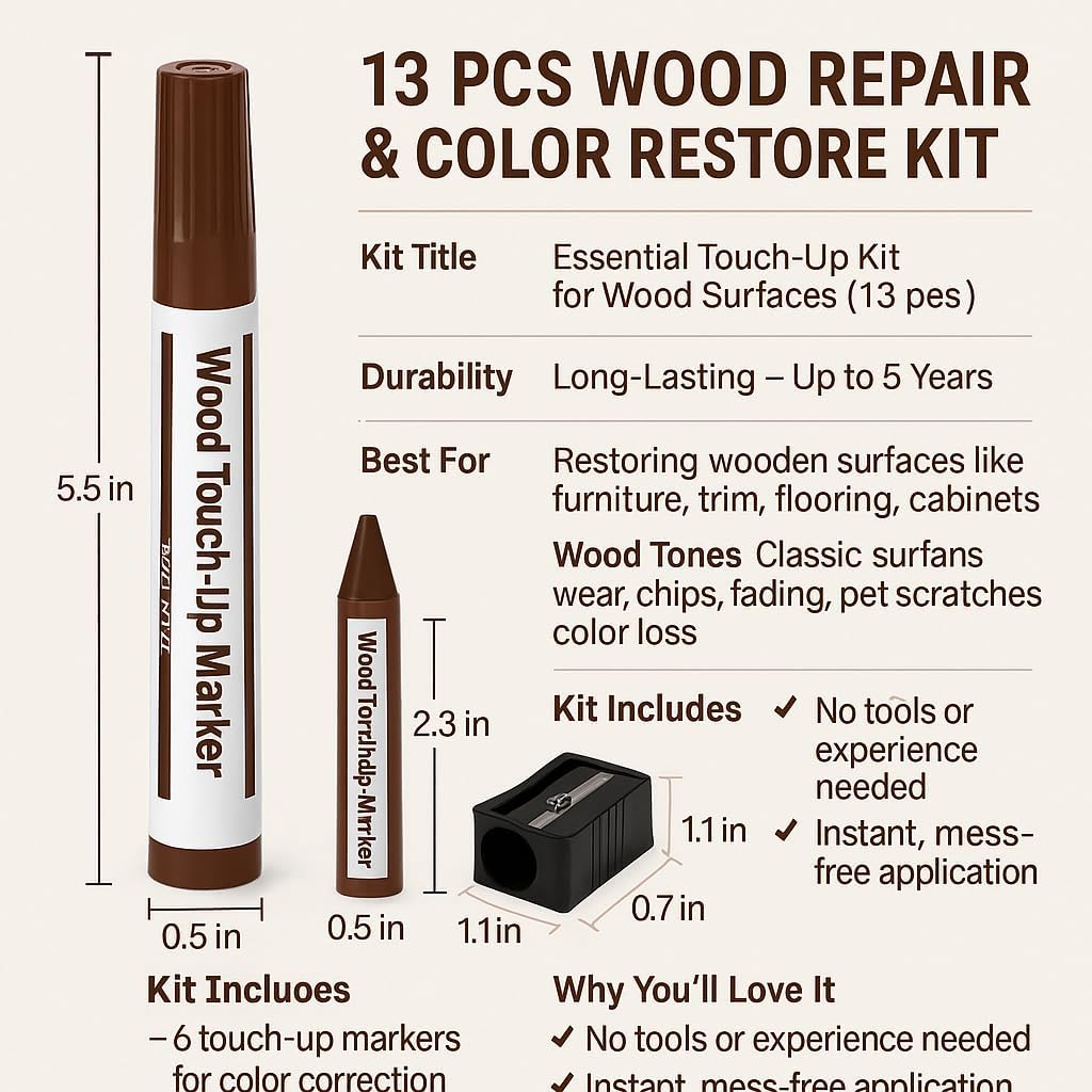 Wood Scratch Repair Kit Markers - 13 Piece Set – Furniture Touch Up Markers and Wax Sticks with Sharpener – for Wood Floor, Table, Cabinet, and Furniture Repair – 6 Colors