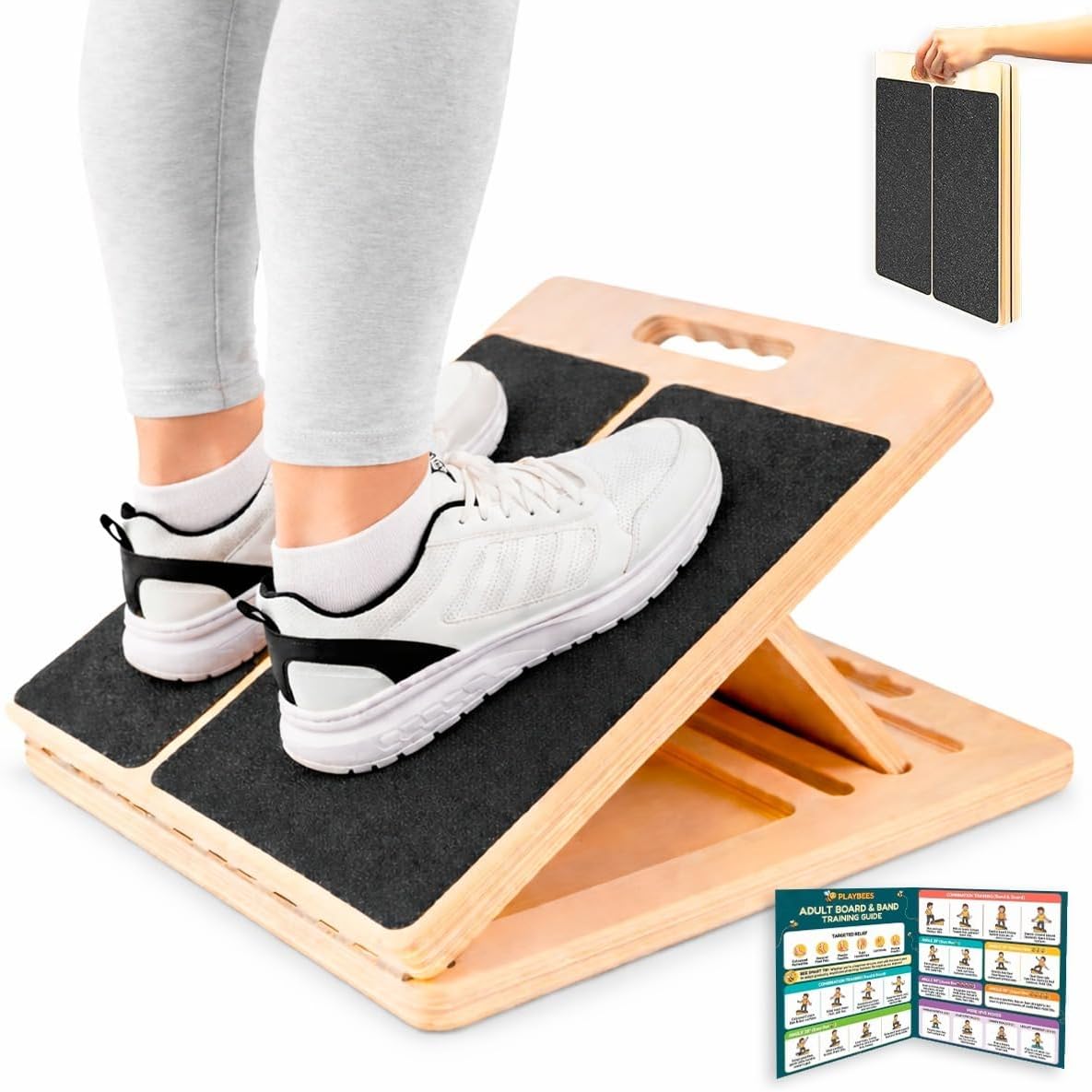 Playbees Portable Wooden Slant Board for Calf Stretching & Squats – Adjustable Incline Calf Stretcher with Non-Slip Surface, Foldable Design for Physical Therapy, Pilates, Ankles & Legs