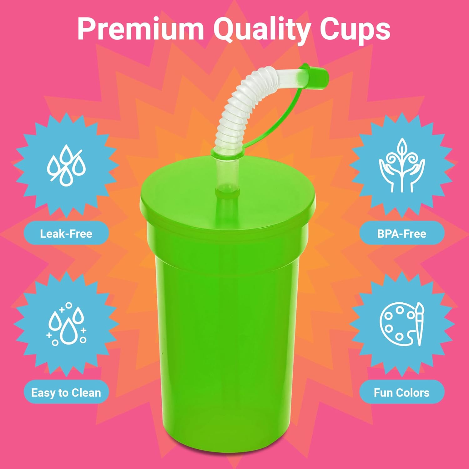 Playbees 12 Pack Neon Sipper Cups - 12 Oz. - Colorful, Spill-Proof Cups with Lids and Straws - Ideal for School Events, Themed Parties, and Birthday Celebrations - Party Supplies