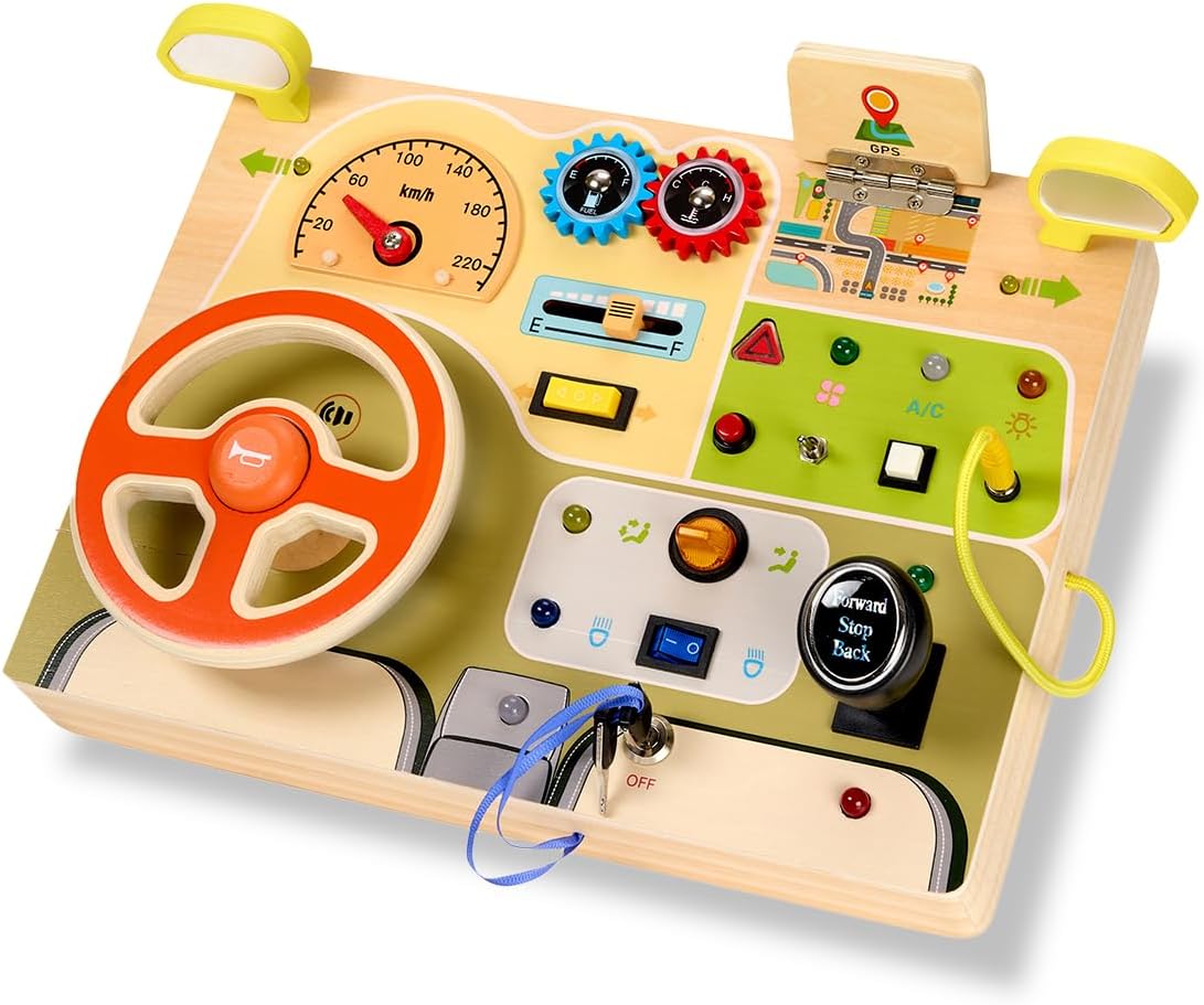Playbees Montessori Toys for Toddlers 1-4 – Wooden Baby Busy Board Sensory Toy with Light Switch – Educational Travel Toy for Fine Motor Skills & Learning Activities – Perfect for Boys and Girls