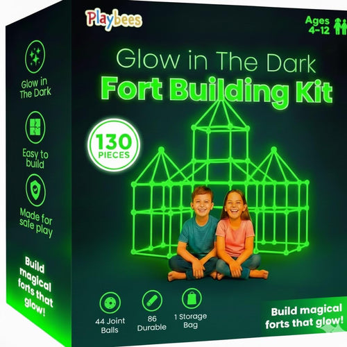 Playbees Glow in The Dark Fort Building Kit – 130 PCS STEM Toy for Kids Ages 4–12 – Build Tents, Castles & Rockets – Creative Building Set & Great Gift