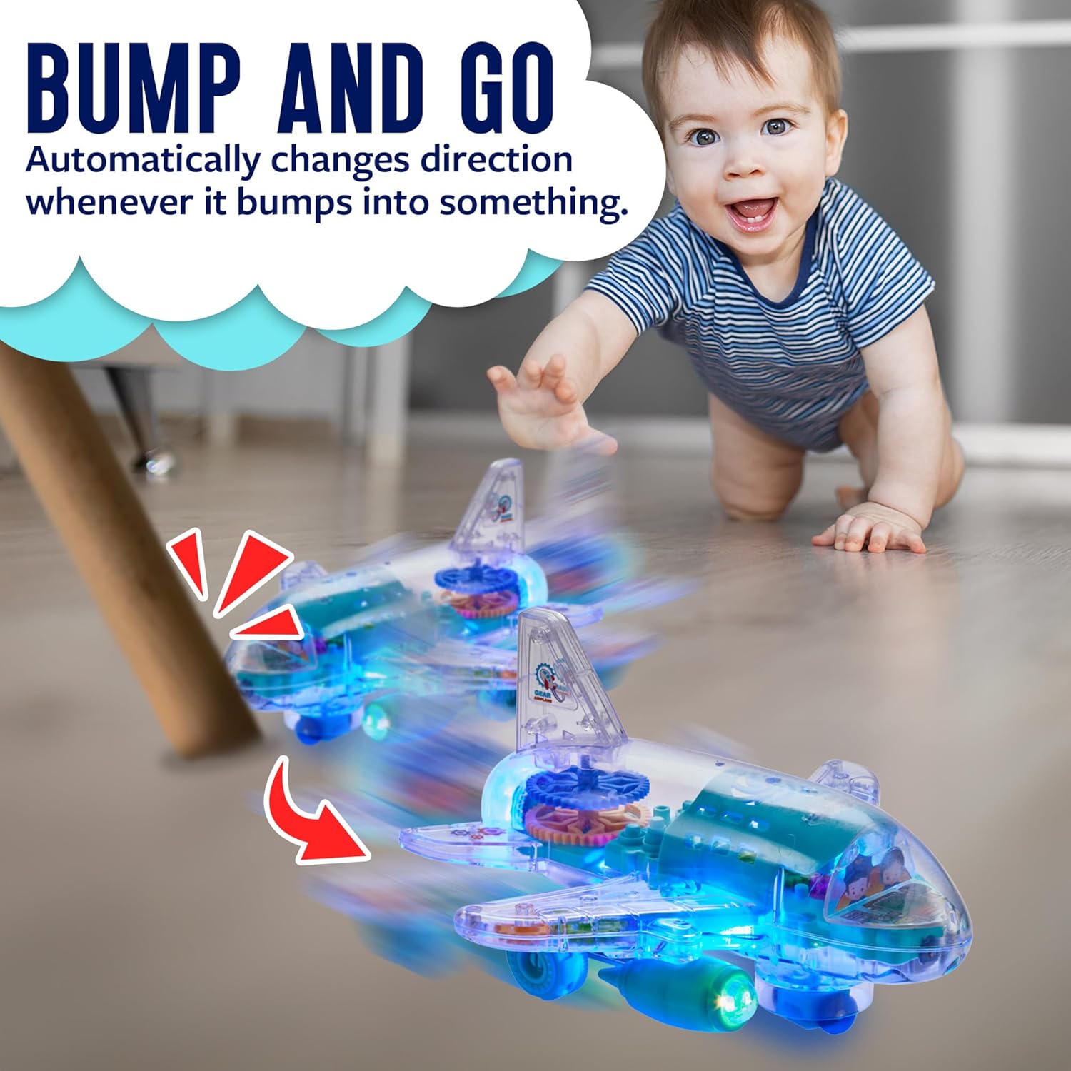 Light-Up Transparent Car Airplane for Kids - 1 Pack - Bump and Go Colorful Moving Gears, Music, LED Effects