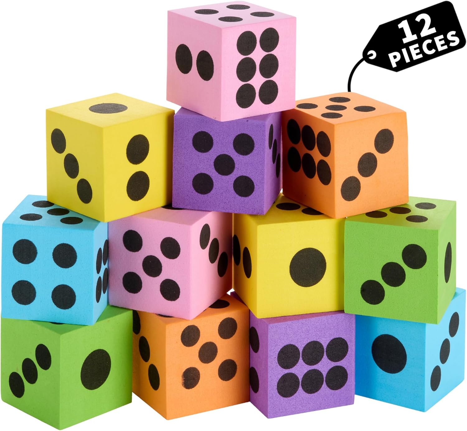 Neon Big Foam Dice Set - 12-Pack, Jumbo, and Colorful Dice for Kids - Ideal for Boosting Math Skills, Great Gifts, and Party Fun