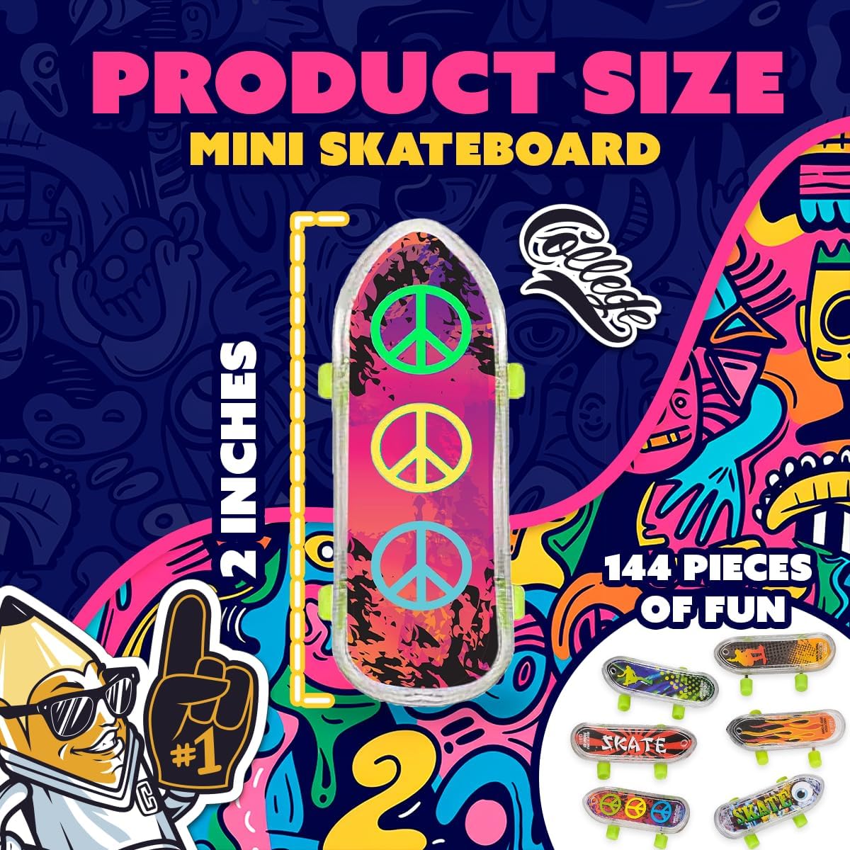 144 Pack Mini Finger Skateboards – Bulk Mini Plastic Skateboards for Kids, Neon Wheels & Cool Designs, Fingerboard Toys for Party Favors, Goodie Bag Stuffers, Carnival Prizes & Classroom Rewards