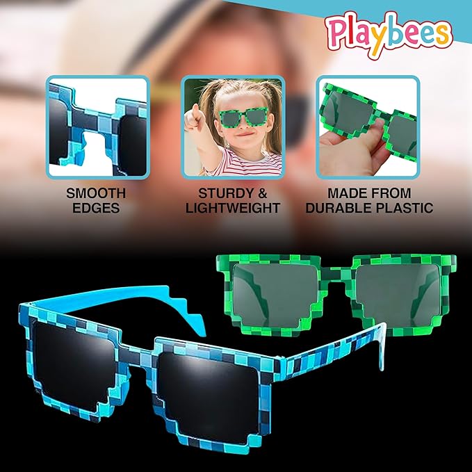 Playbees Pixel Sunglasses - 12 Pack - Robot Eye-wears for Kids and Adults - Pixelated Graphics Frames - Perfect Birthday Party Favors, Gaming Events, Raves, and More - UV Protected and Durabl