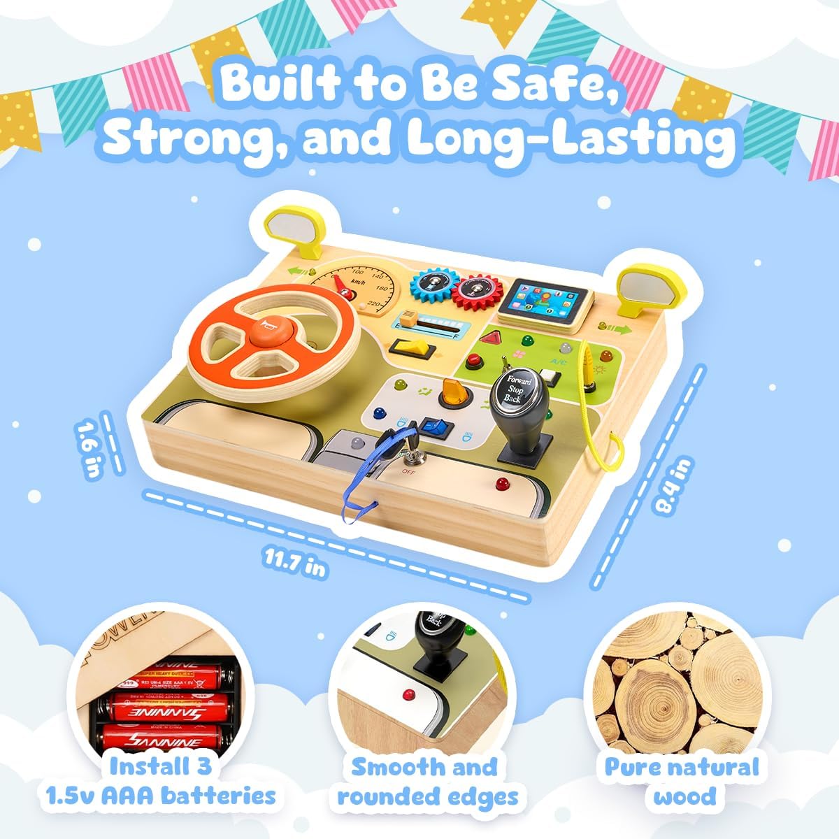 Playbees Montessori Toys for Toddlers 1-4 – Wooden Baby Busy Board Sensory Toy with Light Switch – Educational Travel Toy for Fine Motor Skills & Learning Activities – Perfect for Boys and Girls