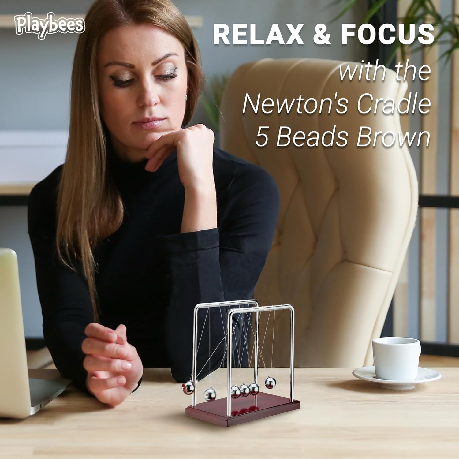 5 Beads Newton’s Cradle Balance Balls Desk Toy – Brown Wooden Base Office Decoration, Fun Science Physics Toy for Home, Bedroom, or Living Room