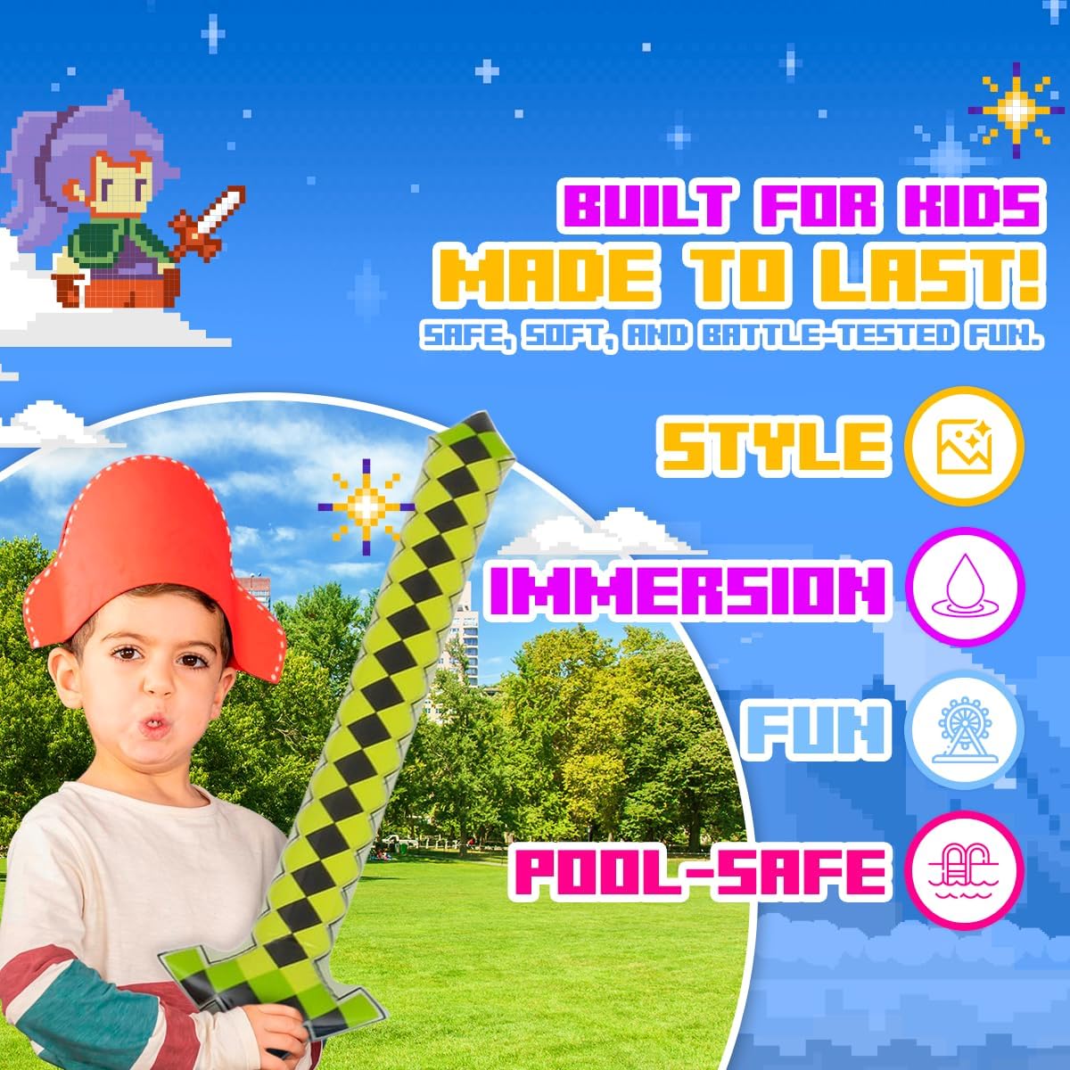 40" Inflatable Pixel Swords – 6 Pack Blow Up Sword Toys for Kids Pirate Party Favors, Christmas, Cosplay, Carnival, Birthday, Pool, Beach, Summer Events & Video Game Party Supplies