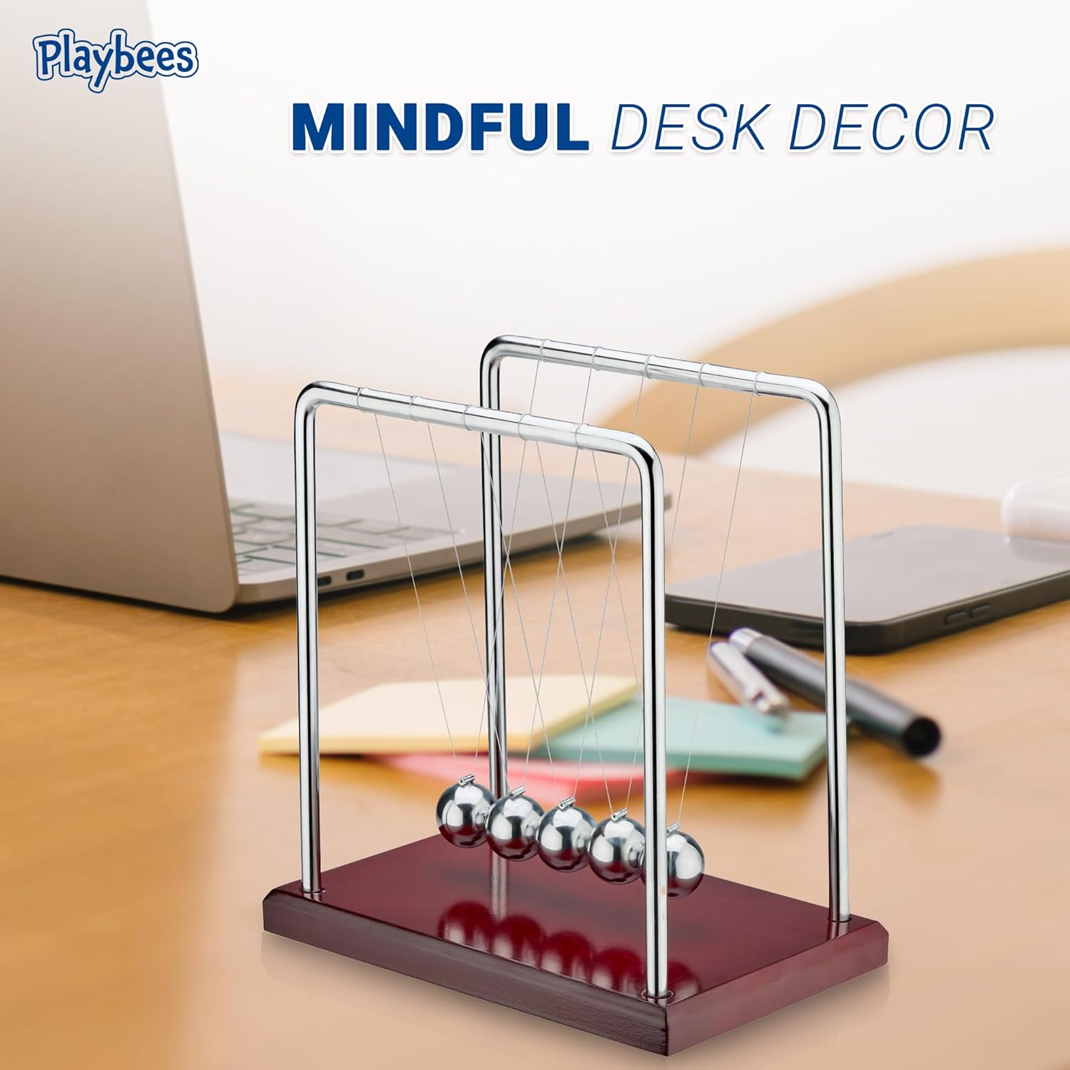 5 Beads Newton’s Cradle Balance Balls Desk Toy – Brown Wooden Base Office Decoration, Fun Science Physics Toy for Home, Bedroom, or Living Room