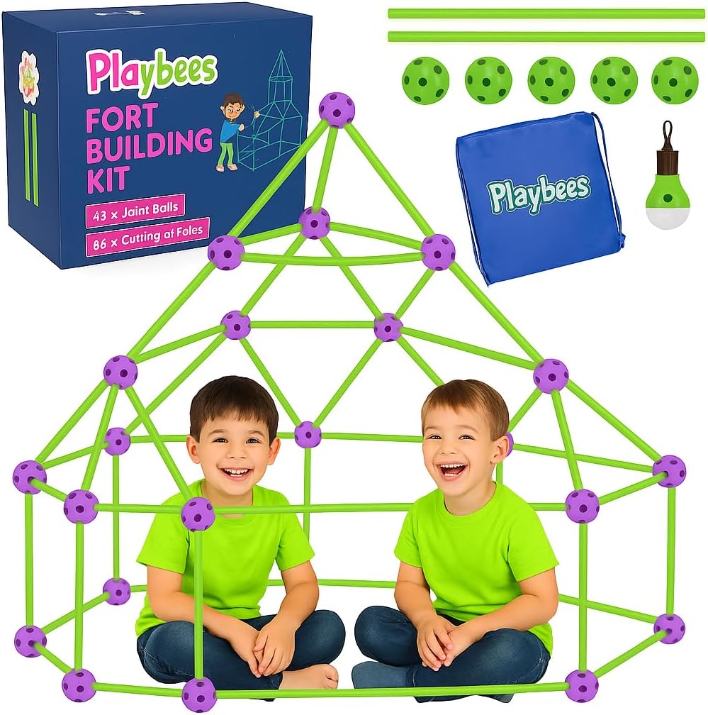 Playbees Glow in The Dark Fort Building Kit – 130 PCS STEM Toy for Kids Ages 4–12 – Build Tents, Castles & Rockets – Creative Building Set & Great Gift