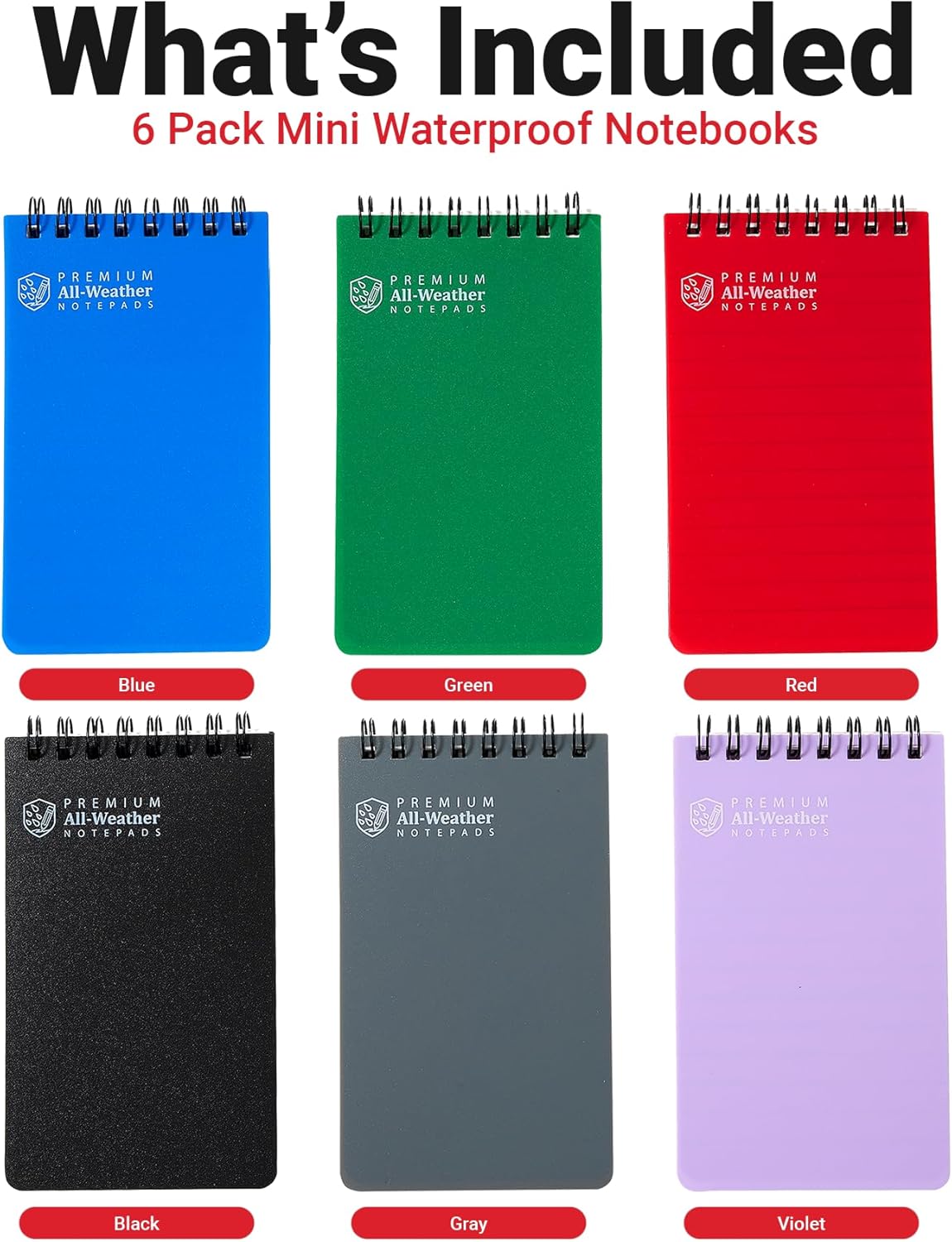 Playbees 6 Pack & Color Waterproof Notebook 3 x 5 top-Spiral Pocket Notepad All Weather Pocket Notebook 100 Lined Pages for Outdoor Office/Police/Contractor back for school supplies for kids & adults