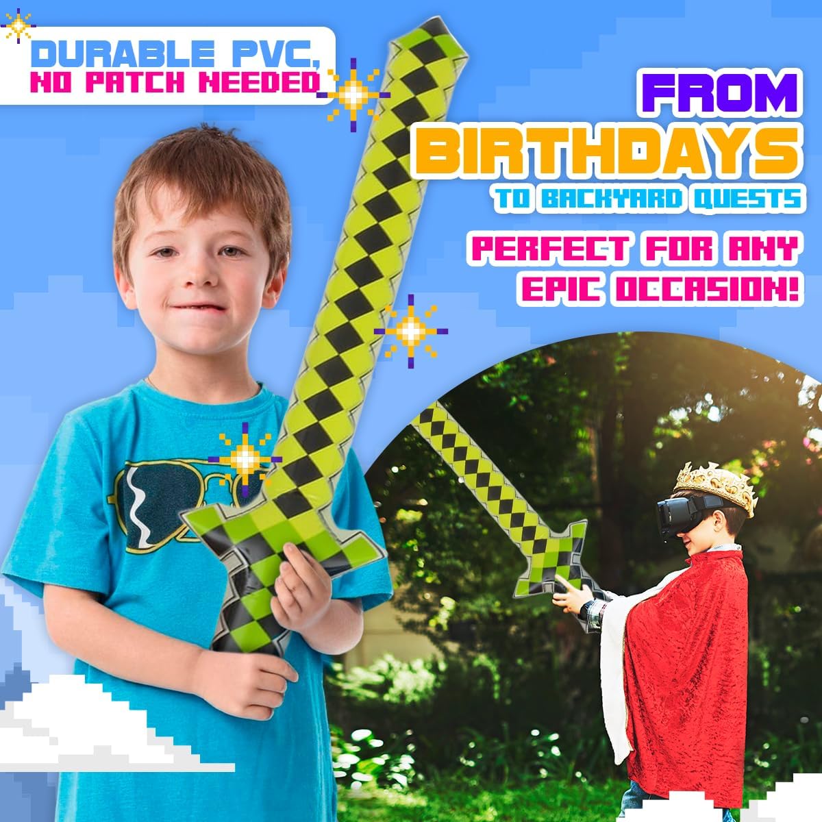 40" Inflatable Pixel Swords – 6 Pack Blow Up Sword Toys for Kids Pirate Party Favors, Christmas, Cosplay, Carnival, Birthday, Pool, Beach, Summer Events & Video Game Party Supplies