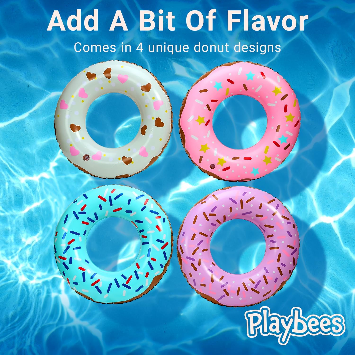 Playbees Sprinkle Donut Pool Floats - 4 Pack - 20 Inch - Inflatable Floaties for Kids - Fun Summer Water Toy for Pool Parties and Decorations