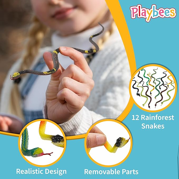 Playbees Rubber Toy Snakes - 12-Pack - 14 Inches - Assorted Lifelike Fake Plastic Toy Snake, Realistic Serpents for Kids, Events, and Gags, Flexible and Float to Prank Friends and Family