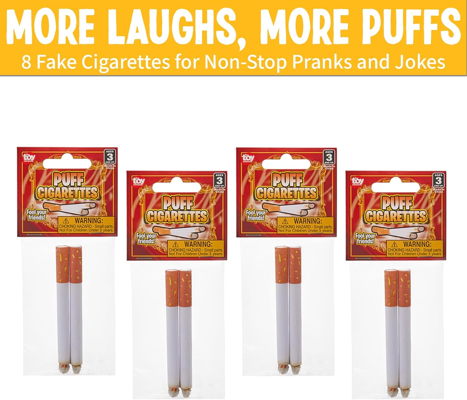 Playbees Fake Puff Cigarettes That Blow Smoke - 8 Pack - 3.25 Inch Faux Cigs with a Realistic Look - Prop for Prank, Halloween Costume, Movie, or Theater Play - Fun Gag Gift, Novelty Toy