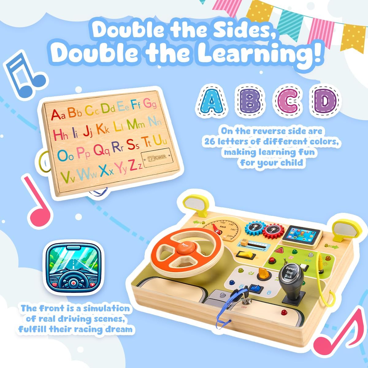 Playbees Montessori Toys for Toddlers 1-4 – Wooden Baby Busy Board Sensory Toy with Light Switch – Educational Travel Toy for Fine Motor Skills & Learning Activities – Perfect for Boys and Girls