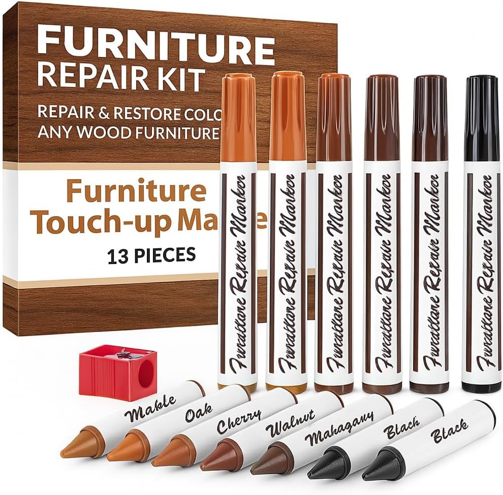 Wood Scratch Repair Kit Markers - 13 Piece Set – Furniture Touch Up Markers and Wax Sticks with Sharpener – for Wood Floor, Table, Cabinet, and Furniture Repair – 6 Colors