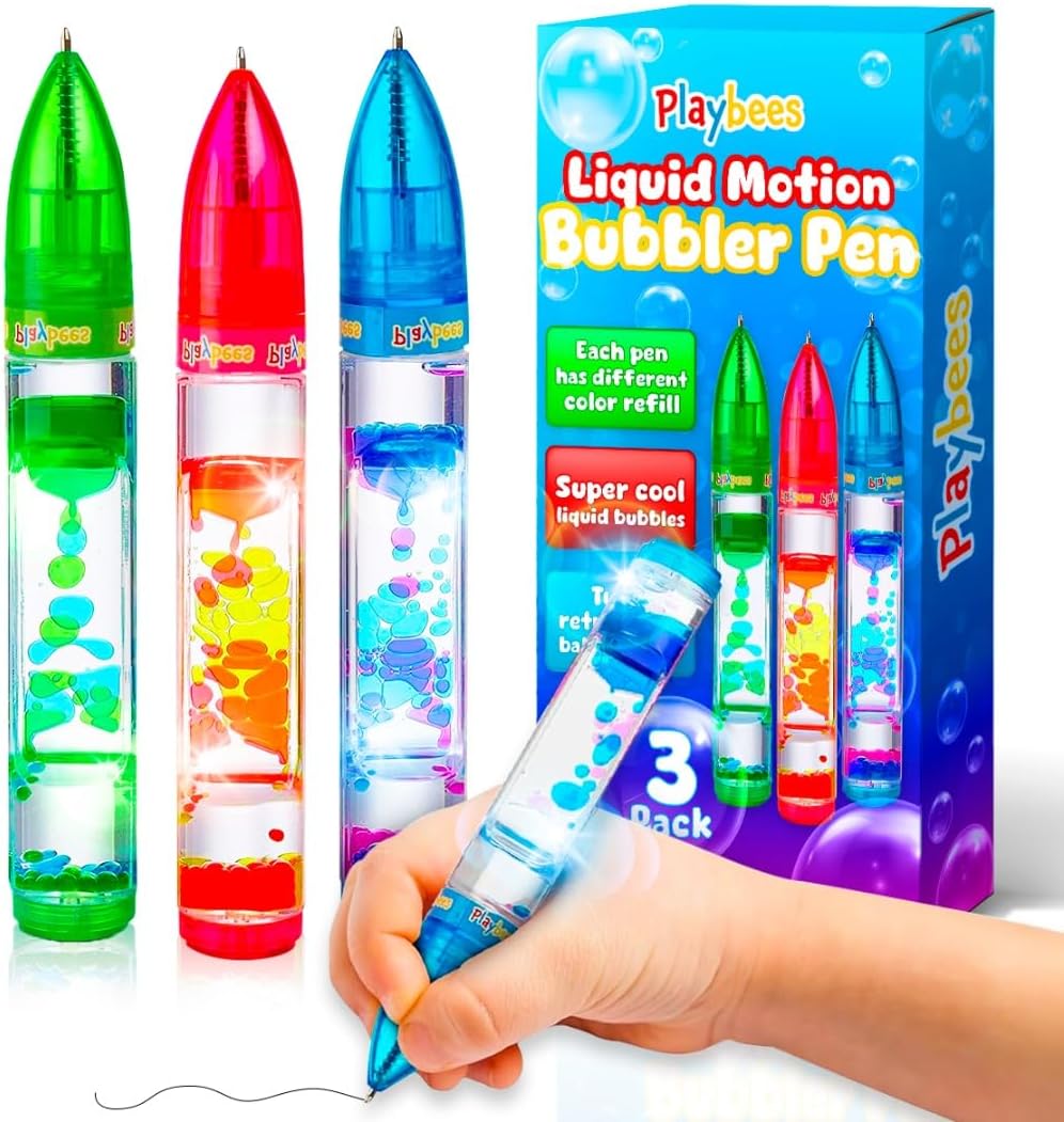 Playbees Liquid Motion Bubbler Pens Cool Pens for Kids (3 Pack) - Writes Like a Regular Pen - Colorful Liquid Timer Pens Great for Stress and Anxiety Relief - Cool Fidget Toys for Kids and Adults
