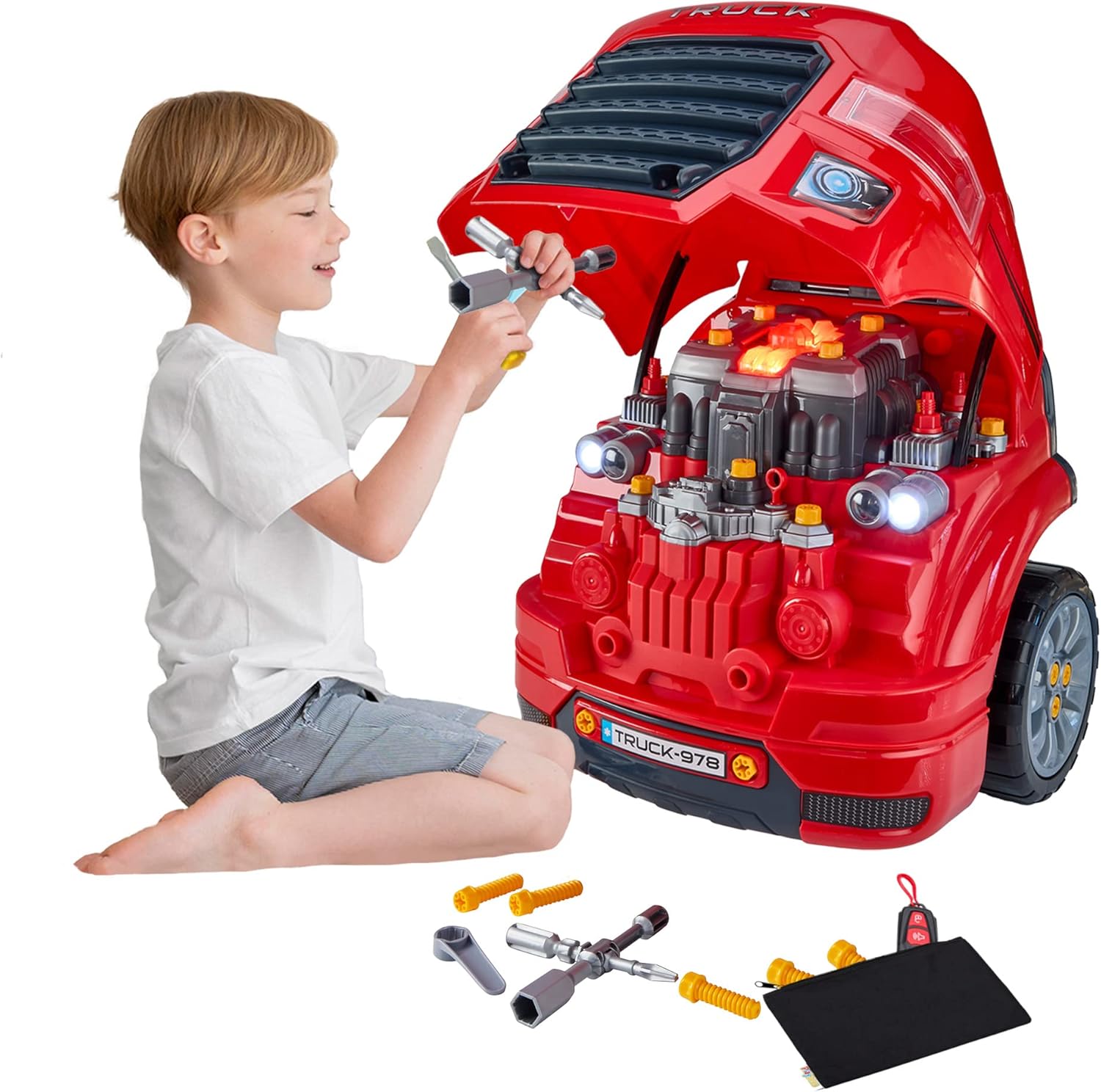 Playbees Large Red Truck Engine Repair Toy – Kids Mechanic Repair Set with Tools, Lights & Sounds – Interactive Take-Apart Engine Builder Truck, Great (Copy)