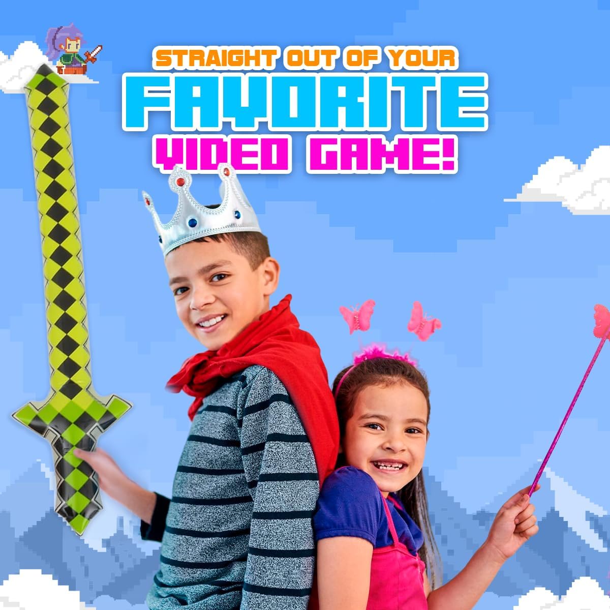 40" Inflatable Pixel Swords – 6 Pack Blow Up Sword Toys for Kids Pirate Party Favors, Christmas, Cosplay, Carnival, Birthday, Pool, Beach, Summer Events & Video Game Party Supplies