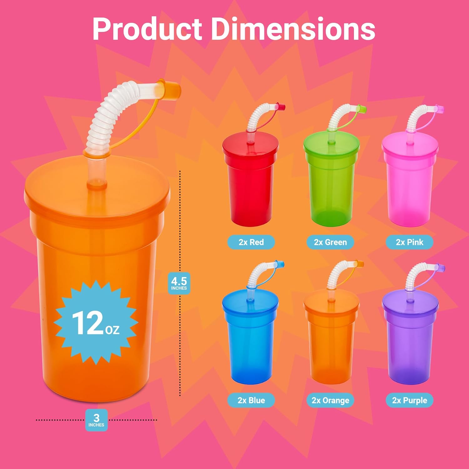 Playbees 12 Pack Neon Sipper Cups - 12 Oz. - Colorful, Spill-Proof Cups with Lids and Straws - Ideal for School Events, Themed Parties, and Birthday Celebrations - Party Supplies