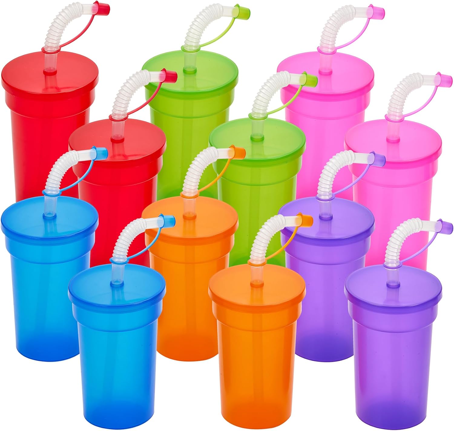 Playbees 12 Pack Neon Sipper Cups - 12 Oz. - Colorful, Spill-Proof Cups with Lids and Straws - Ideal for School Events, Themed Parties, and Birthday Celebrations - Party Supplies