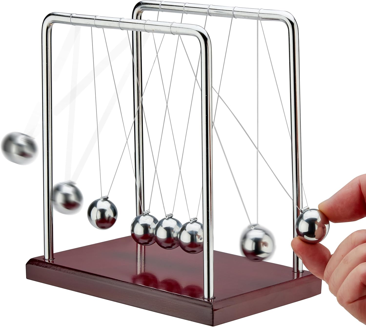 5 Beads Newton’s Cradle Balance Balls Desk Toy – Brown Wooden Base Office Decoration, Fun Science Physics Toy for Home, Bedroom, or Living Room