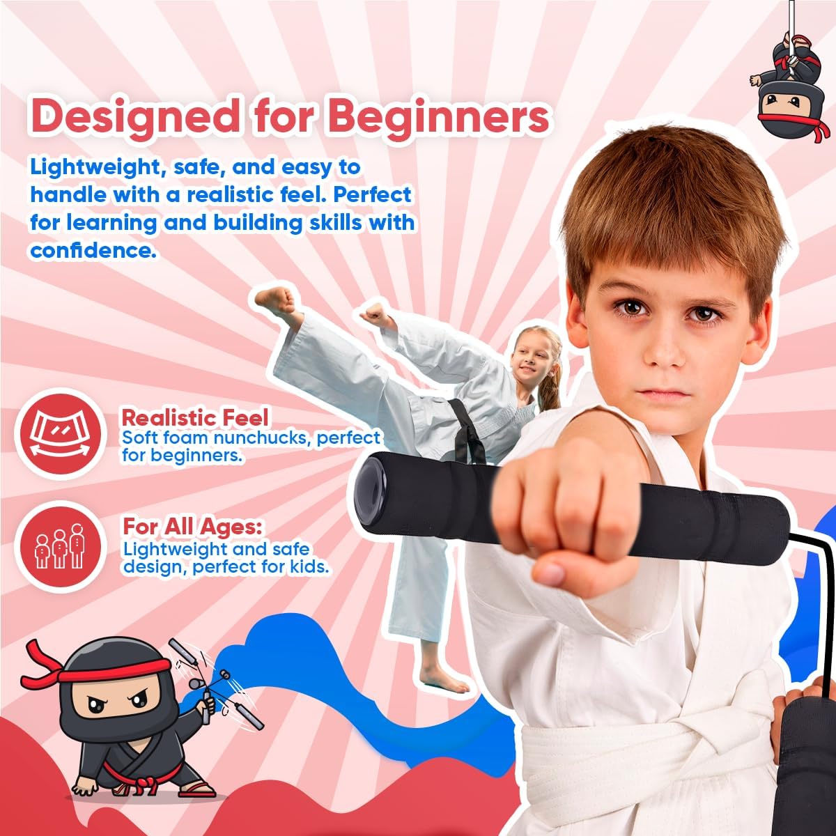 Playbees Foam Toy Nunchucks for Kids, 3 Pack, Red Blue Black Colors, Soft Training Martial Arts Equipment, Gift Toy for Children, Party Favors, Birthday Gift for Boys and Girls,