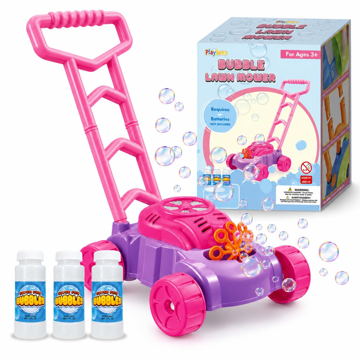 Playbees Bubble Lawn Mower for Toddlers 1-3 - Kids Toy Lawn Mower with Music & Realistic Sounds, Bubble Blowing Machine, Push Garden Toy for Girls, Indoor/Outdoor, Birthday & Preschool Gift (Pink)