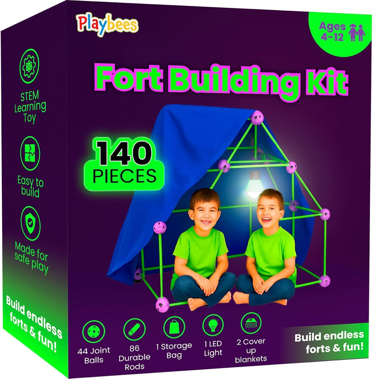 Playbees Fort Building Kit – 140 PCS STEM Toy for Kids Ages 4-12 – Build Tents, Castles & Rockets – Includes Rods, Connectors, 2 Blankets & Flashlight – Creative Building Set & Great Gift