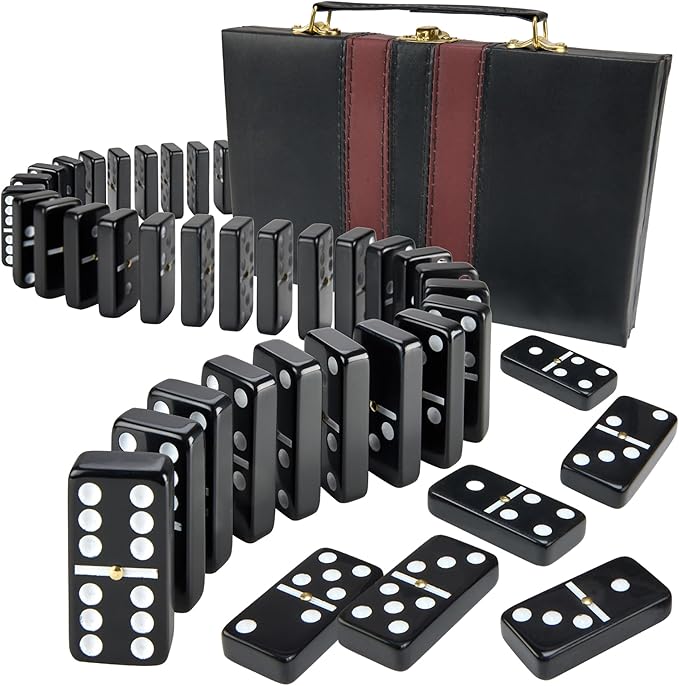 Playbees Jumbo Double Six Dominoes Set - 28 Black Classic Tiles in Faux Leather Case - Fun Educational Toy for Kids, Boys, Girls, Classroom Kit, Classic Game Night Party Favors Set, Travel-Friendly