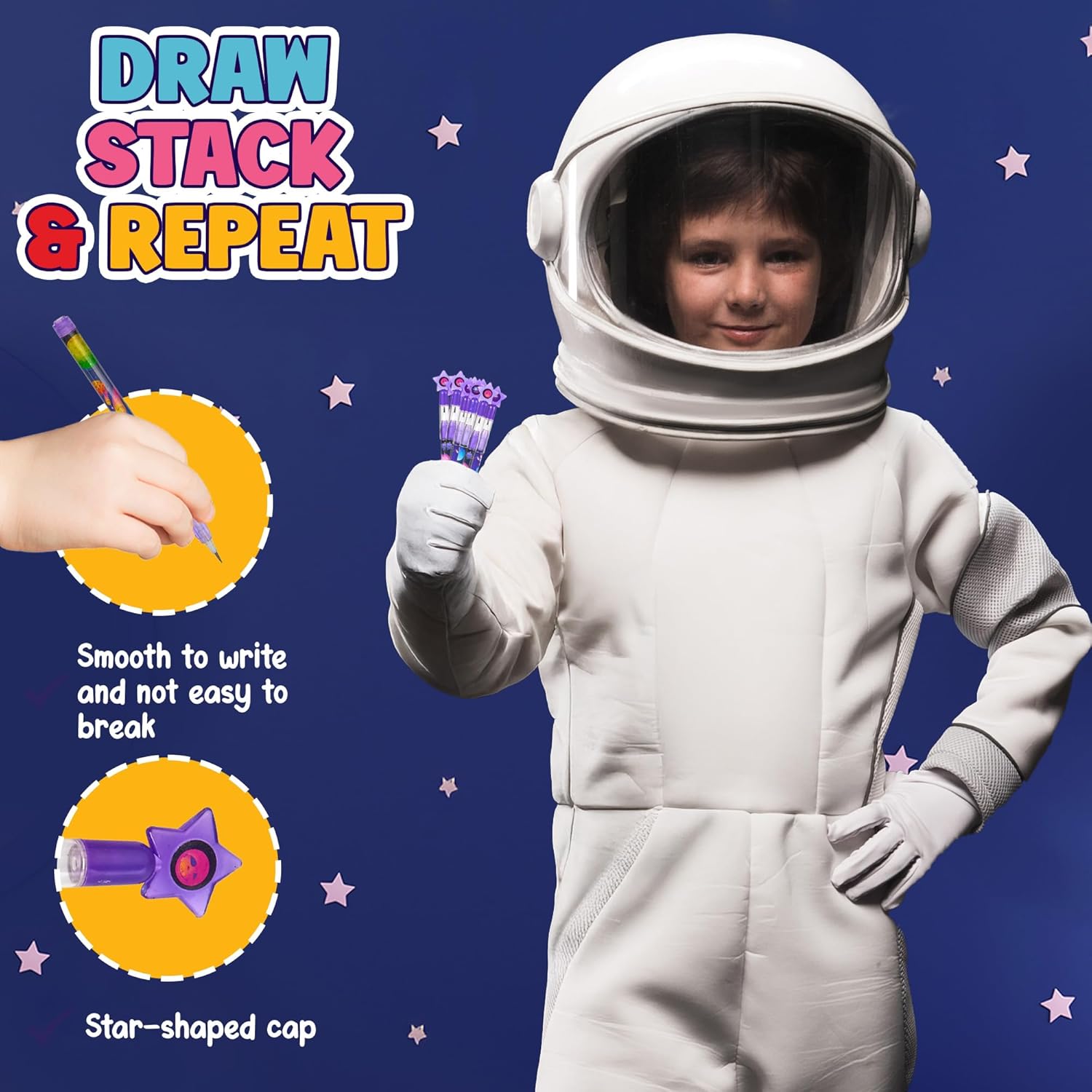 Playbees Outer Space Pop Pencils - 24 Pack - Multipoint Pencil NASA Birthday Party Stackable Pre-Sharpened Classroom Writing Tools for Students, Teachers, Girls, Boys