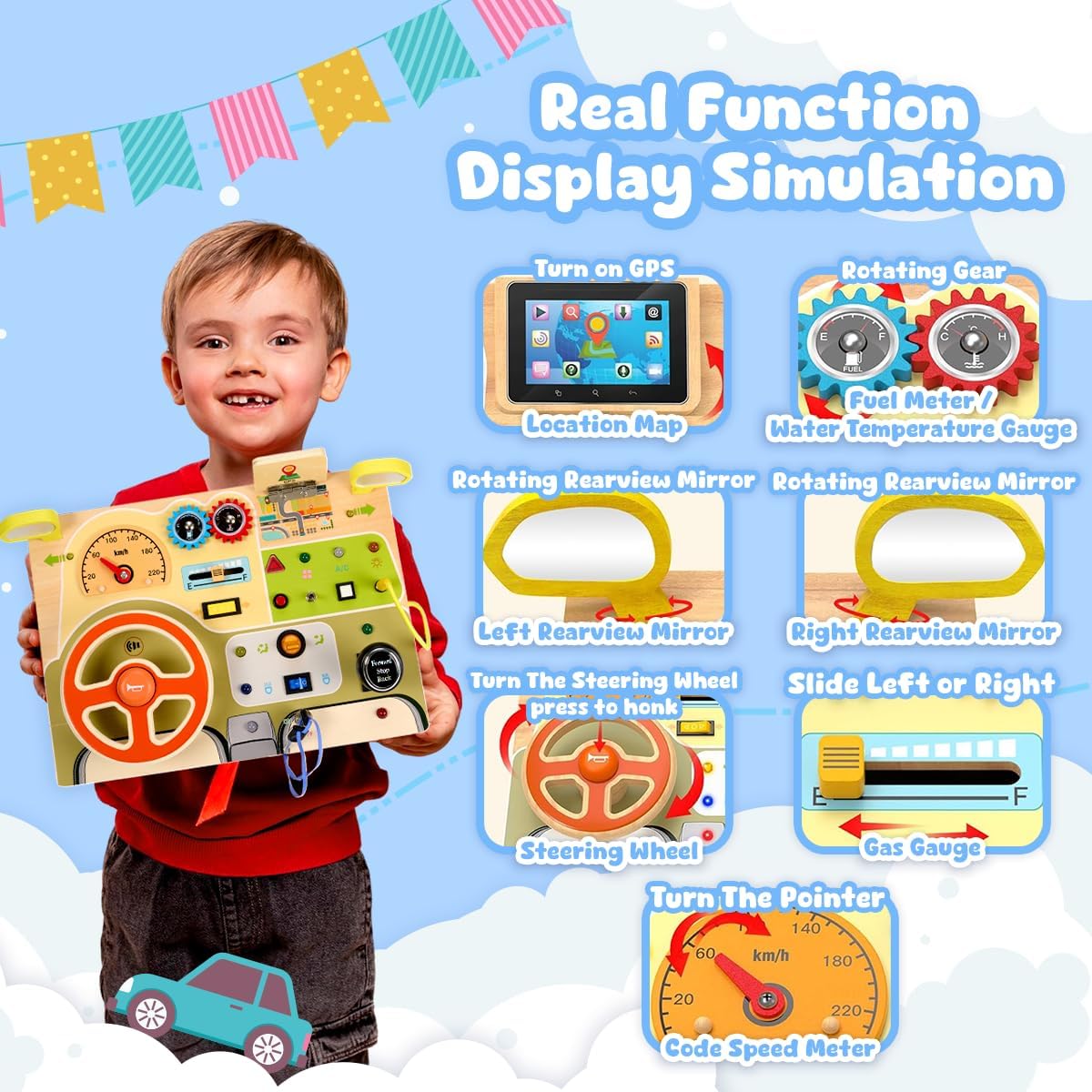 Playbees Montessori Toys for Toddlers 1-4 – Wooden Baby Busy Board Sensory Toy with Light Switch – Educational Travel Toy for Fine Motor Skills & Learning Activities – Perfect for Boys and Girls
