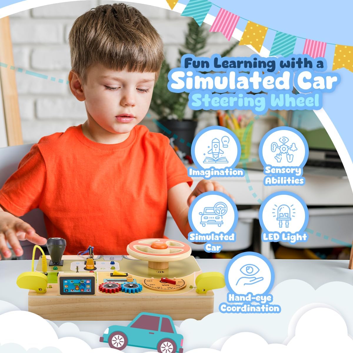 Playbees Montessori Toys for Toddlers 1-4 – Wooden Baby Busy Board Sensory Toy with Light Switch – Educational Travel Toy for Fine Motor Skills & Learning Activities – Perfect for Boys and Girls