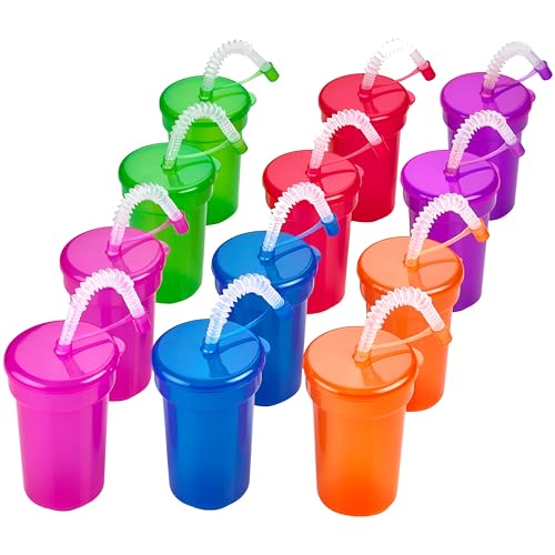 Neon Sipper Cups - 12 pack 6 Oz. - Colorful, Spill-Proof Cups with Lids and Straws - Party Supplies