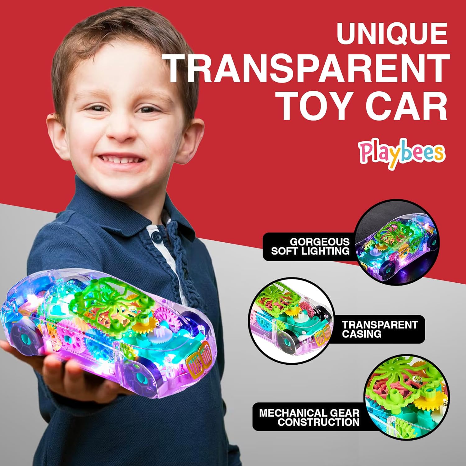 Light-Up Transparent Car Toy for Kids - 1 Pack - Bump and Go Colorful Moving Gears