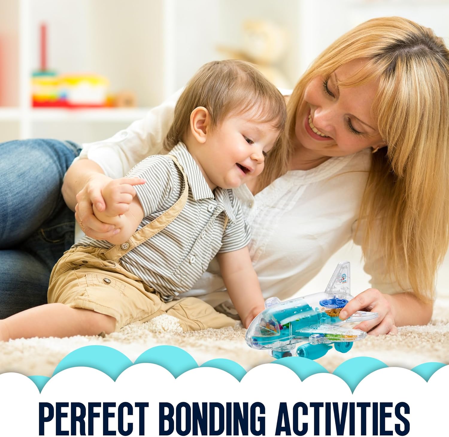 Light-Up Transparent Car Airplane for Kids - 1 Pack - Bump and Go Colorful Moving Gears, Music, LED Effects