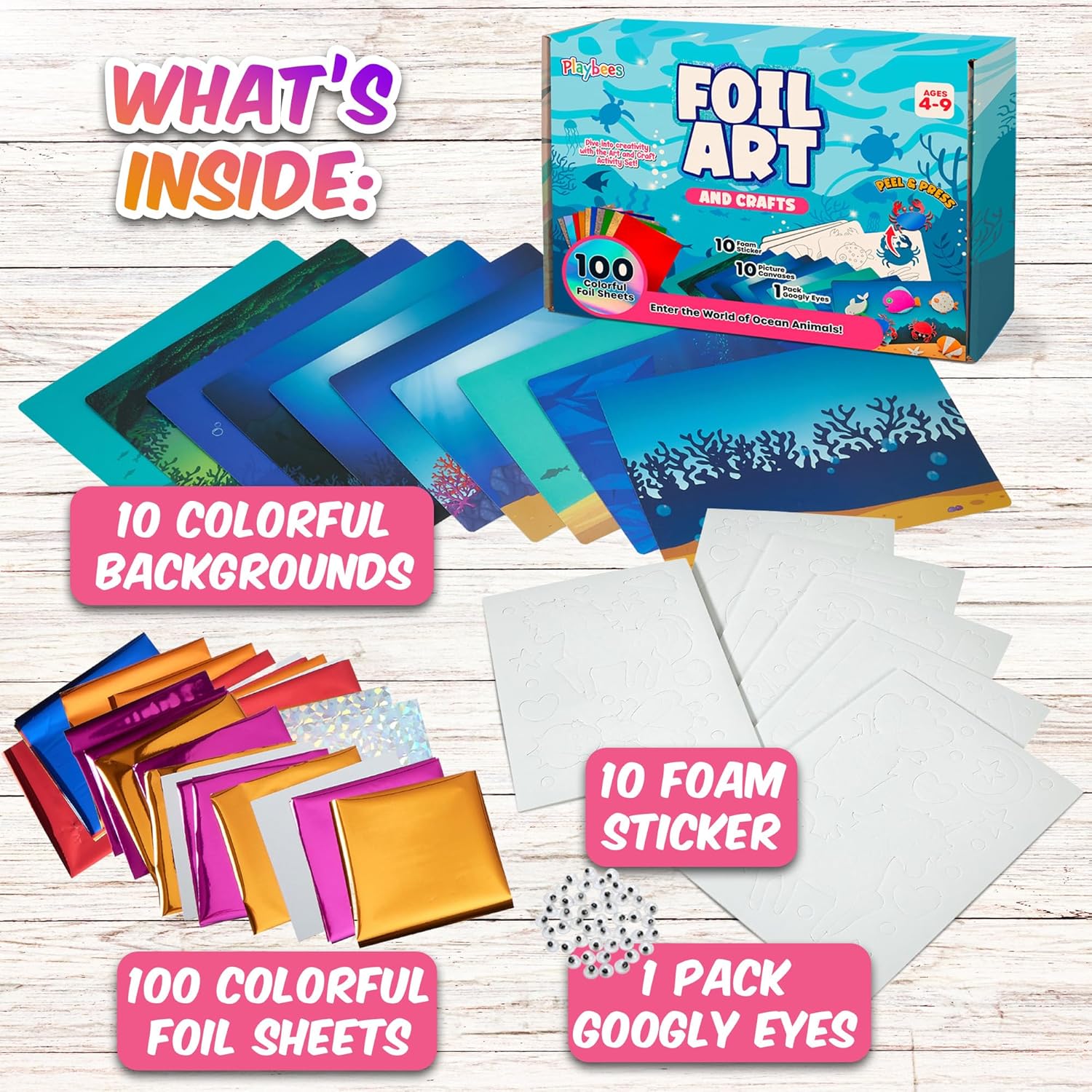 Playbees Press and Peel Foil Kit Sea Animals - Preschool Arts and Crafts Kit for Kids- No Mess Art for Boys & Girls Ages 4, 5, 6, 7, 8, 9 Years Old - DIY Creative Activity - Art & Craft Activity