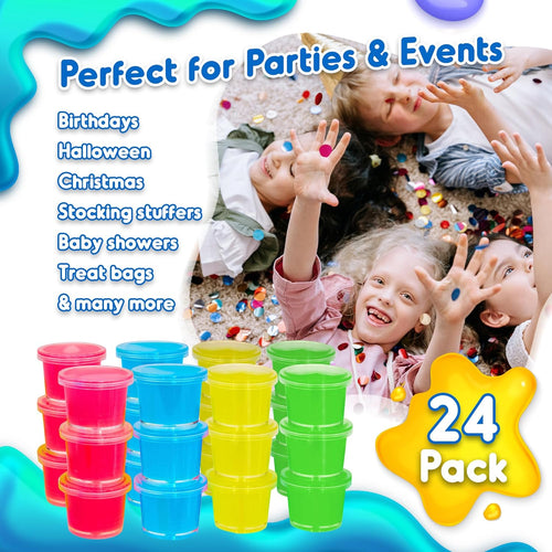 Mini Glow in The Dark Slime - 24 Pack - Slime Party Favors Neon Blue, Green, Pink, Yellow Colors - Glowing Slime Kit for Kids - Party Favors, Goody Bag Fillers