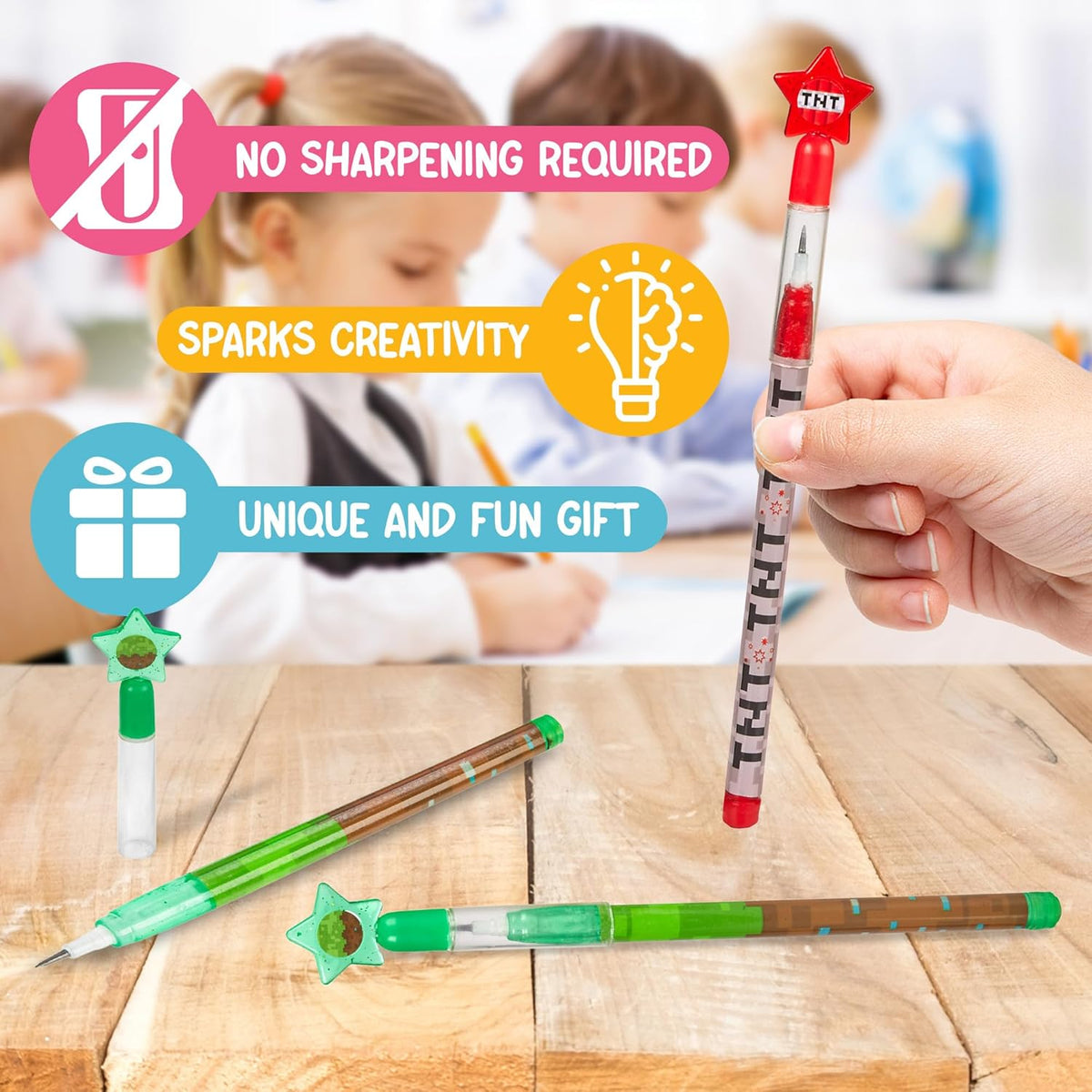Playbees Pixel Miner Pop Pencils - 24 Pack - Translucent Multipoint Pencil Video Game Birthday Party Stackable Pre-Sharpened Classroom for Students, Teachers, Girls, Boys
