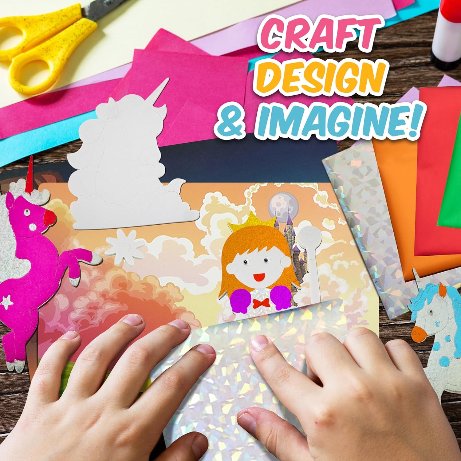 Playbees Foil Art Kit Unicorns & Princesses - Preschool Arts and Crafts Kit for Kids- No Mess Art for Boys & Girls Ages 4, 5, 6, 7, 8, 9 - DIY Creative Activity Art & Craft Activity