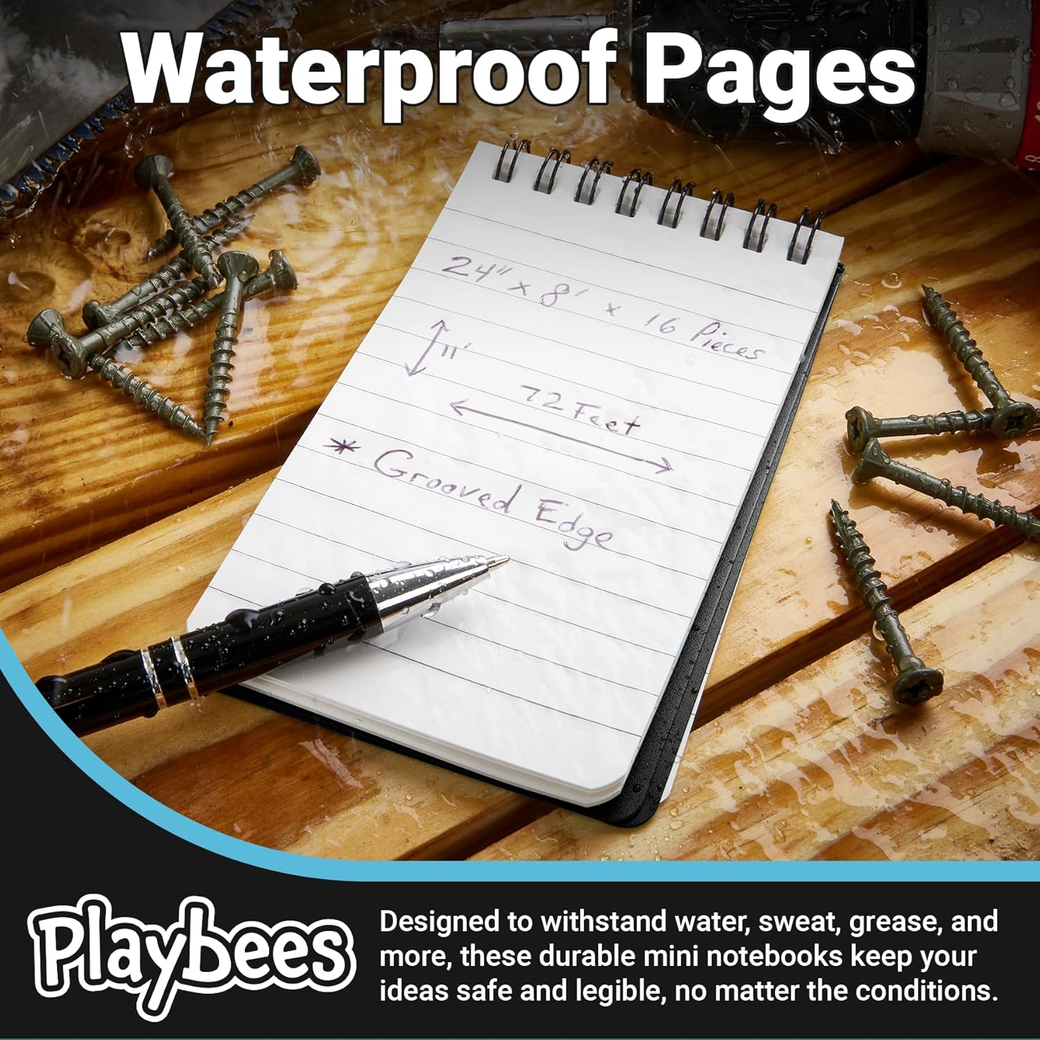 Playbees 6 Pack Waterproof Notebook 3 x 5 top-Spiral Pocket Notepad All Weather Pocket Notebook 100 Lined Pages for Outdoor Office/Police/Contractor back for school supplies for kids & adults