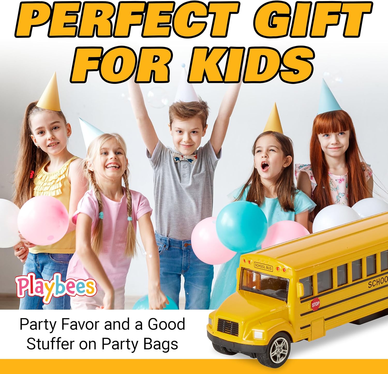 Playbees Long-Nose School Bus Die Cast Metal Model Toy Car 6 Inches with Pullback Action Durable Pull Back Car Door Opening & Closing Realistic School Bus - Great for Gifts, Birthdays, Boys & Girls