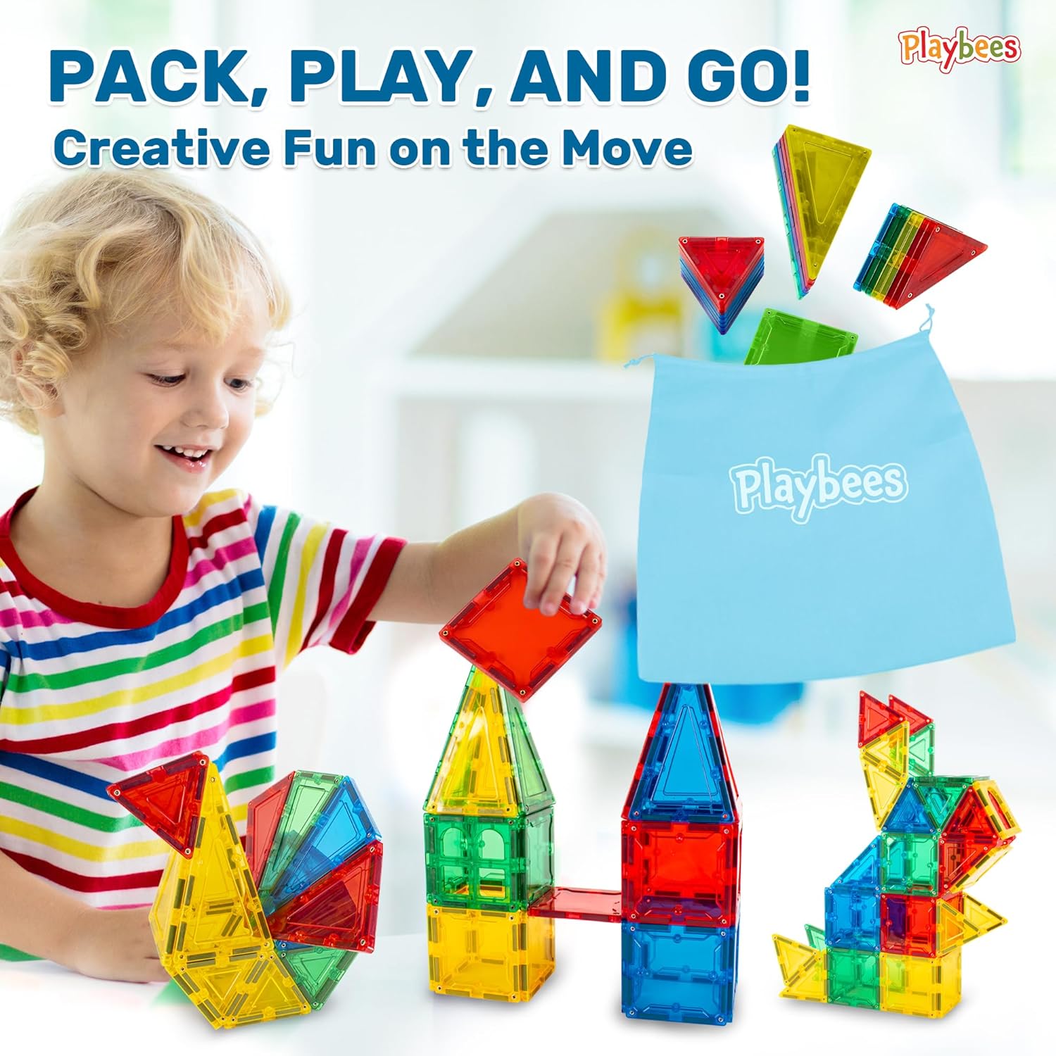 Magnetic Tiles Kids Magnet Building Blocks for Todllers Boys Girls Age 3-5 Preschool STEM Toys Sensory Creative Learning Montessori Building Toys Classroom Construction Pretend Play - 60 Piece