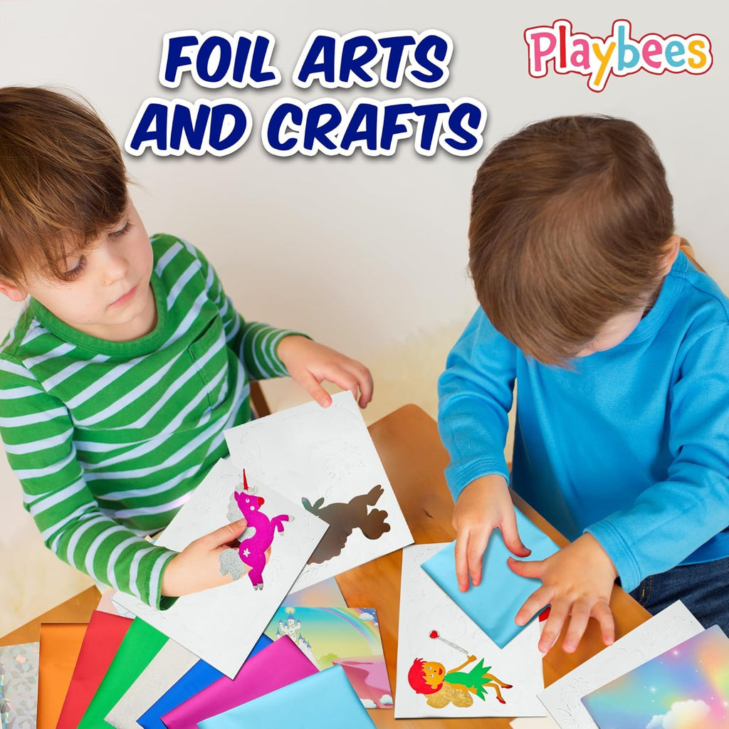 Playbees Foil Art Kit Unicorns & Princesses - Preschool Arts and Crafts Kit for Kids- No Mess Art for Boys & Girls Ages 4, 5, 6, 7, 8, 9 - DIY Creative Activity Art & Craft Activity
